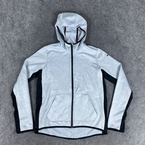 Nike Hoodie Womens‎ Medium White Gray Swoosh Sweater Full Zip Therma Fit